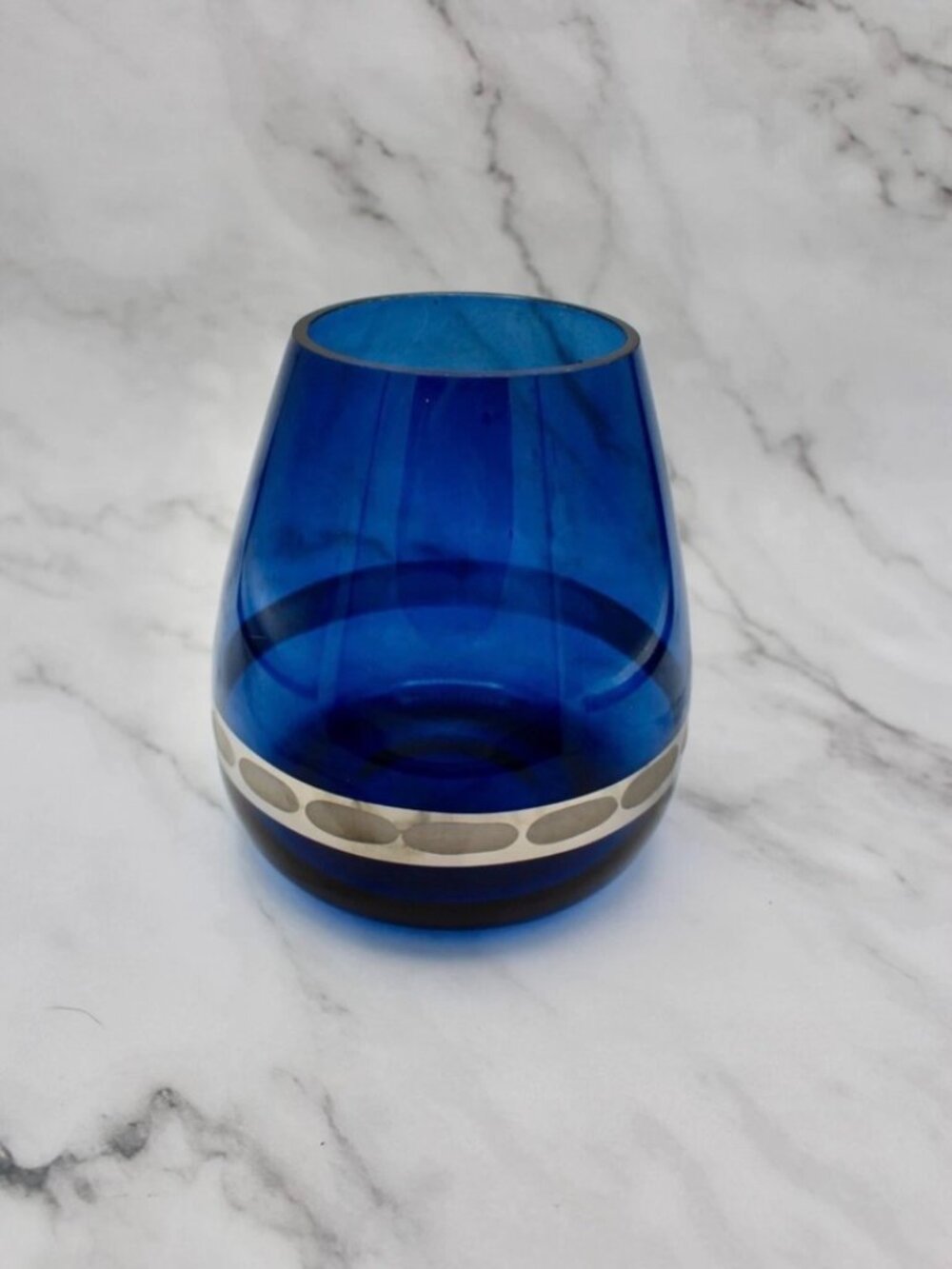 Vintage Cobalt Blue Glass Vase with Silver Band
